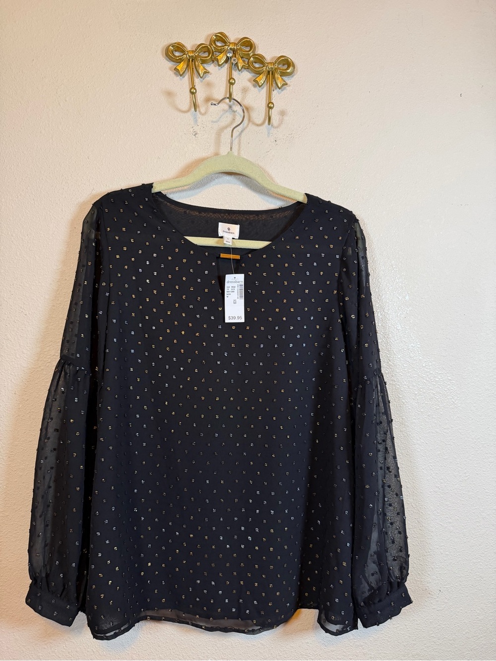 Dressbarn Navy Long-Sleeve Sheer Dot Blouse with Metallic Accents. Size M